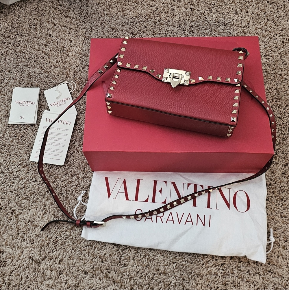 Valentino Garavani Small Rockstud Rosso Red Grainy Calfskin Crossbody Bag